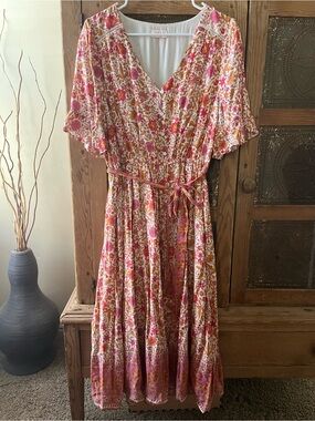 Bohemian Floral Maxi Dress in Pink and Tan — V-Neck with Self Tie Waist